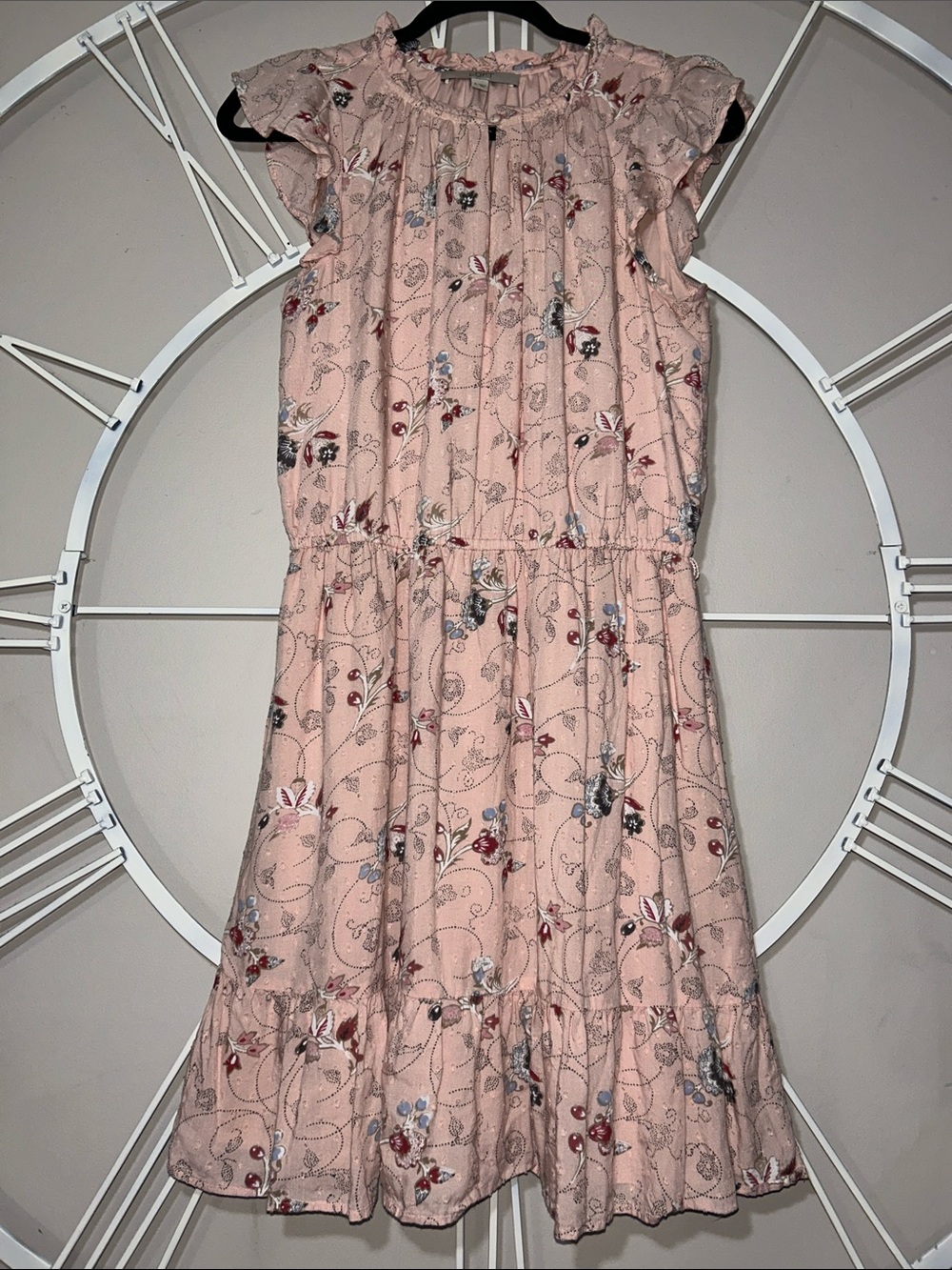 LOFT Pink Floral Clip Dot Flounce Midi Dress
